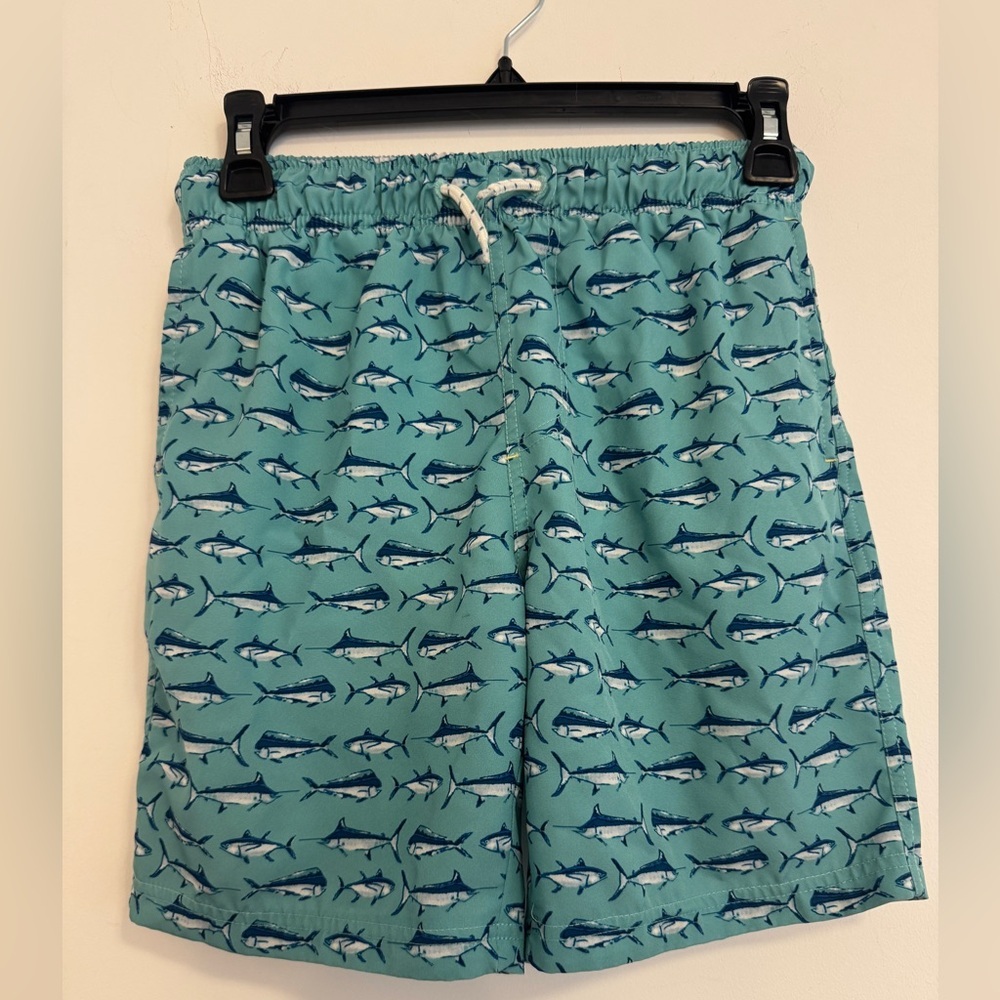 Caribbean Joe Teal Blue Kids Swim Trunks with Tuna Print